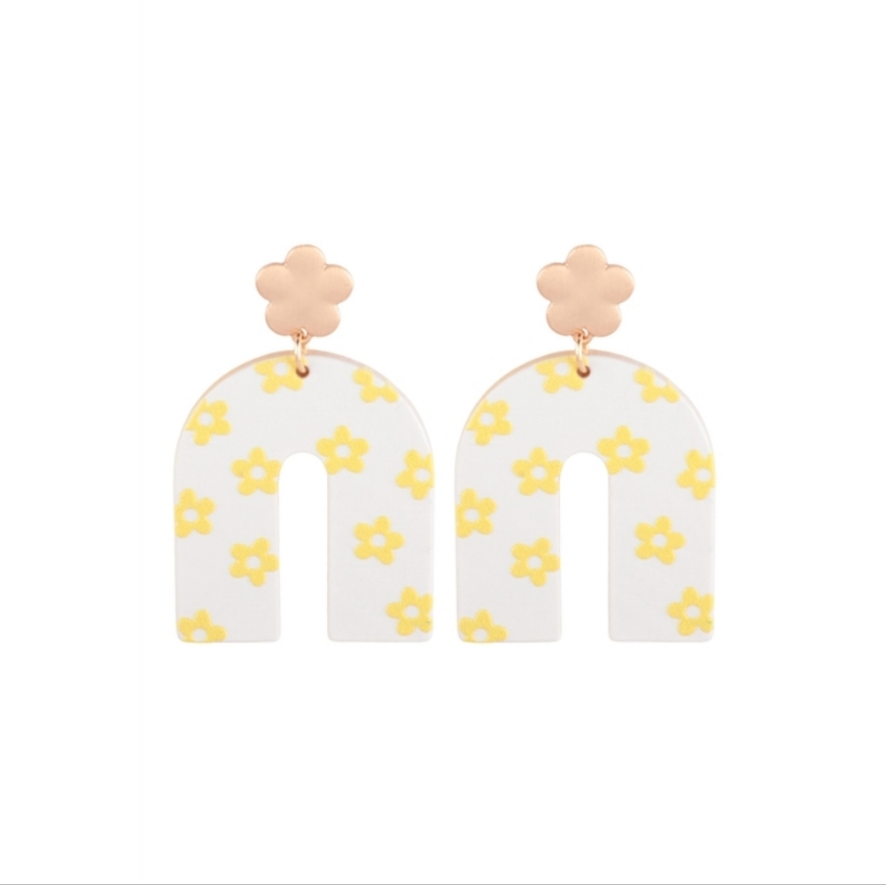 Retro 60s Mod Geometric Arch Wood Dangle Earrings Yellow & White Floral
